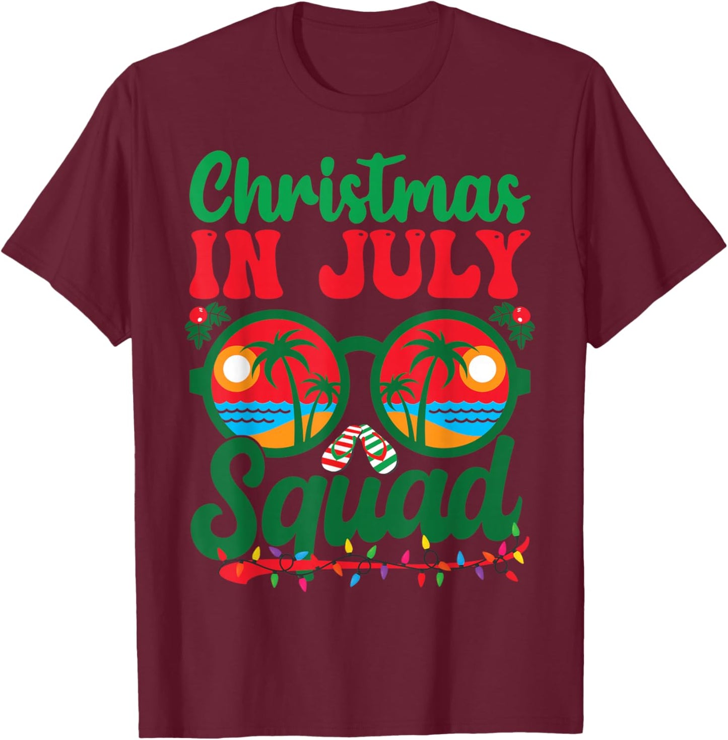 Christmas In July Squad Retro Sunglass Palm Tree Summer Xmas T-Shirt - T-Shirt | Maroon