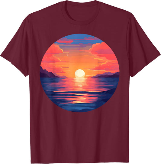 Retro Warm Sunset Calm Ocean Orange Pink Sky Mountains Scene T-Shirt - T-Shirt | Maroon