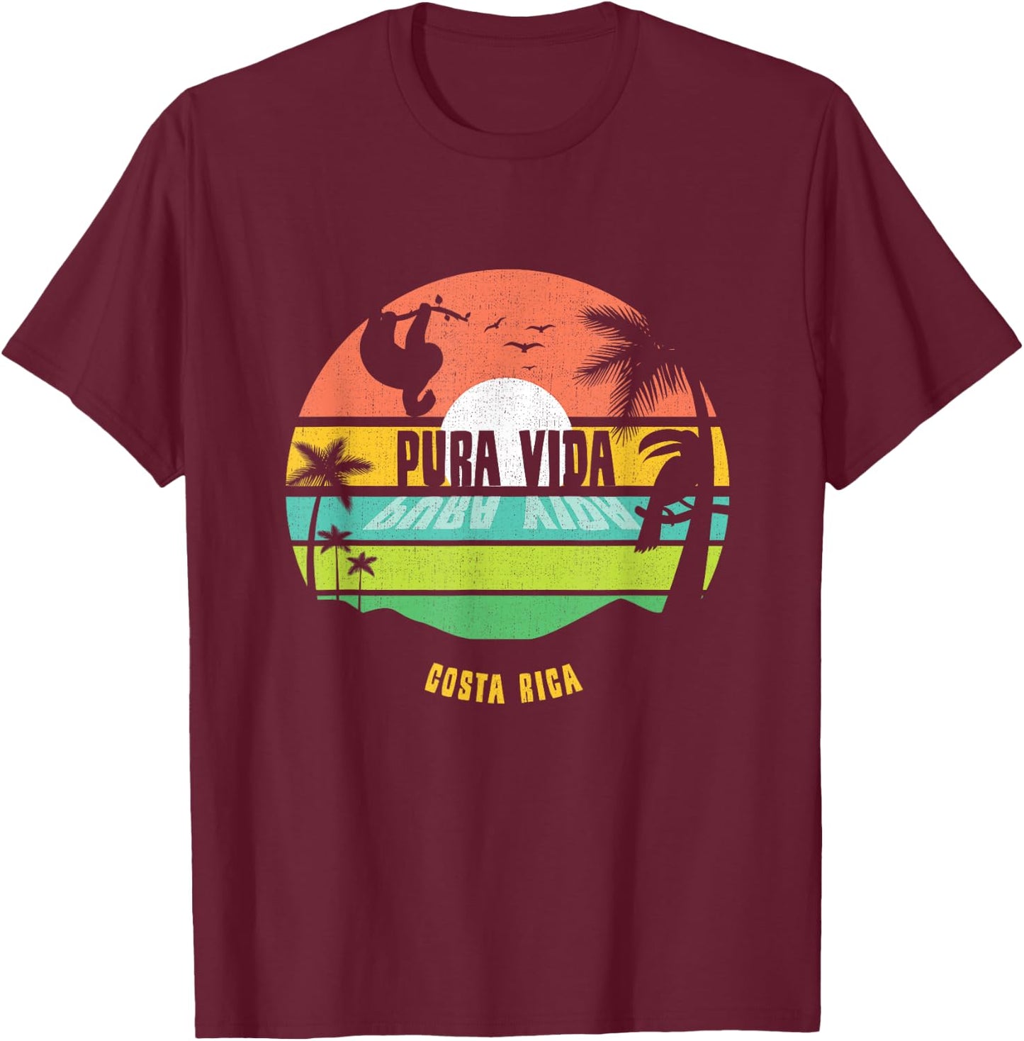 Costa Rica Pura Vida Tropical Sloth & Toucan Sunset Souvenir T-Shirt - T-Shirt | Maroon