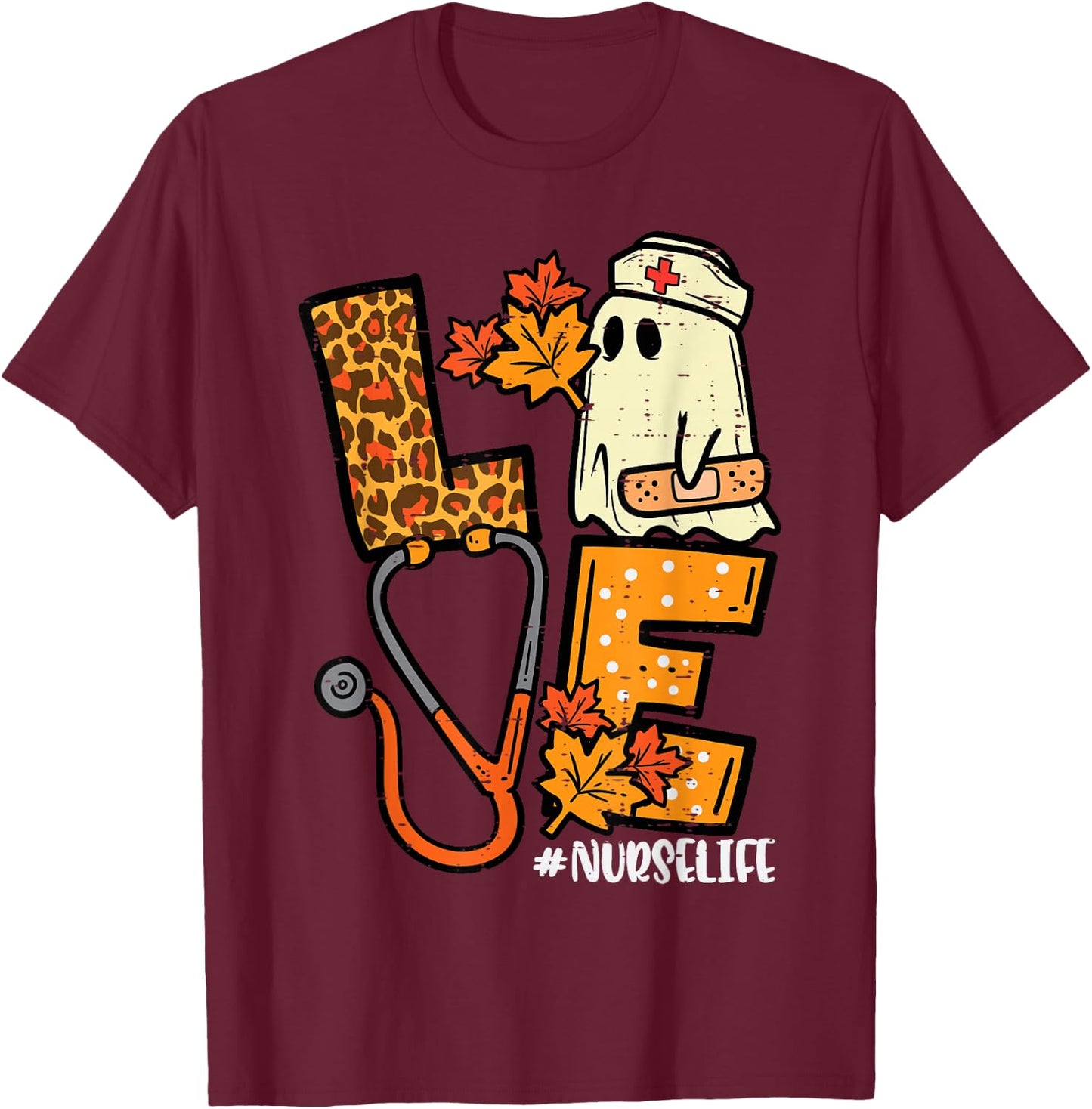 Leopard Ghost Nurse Halloween Costume Fall Scrub Top Women T-Shirt - T-Shirt | Maroon