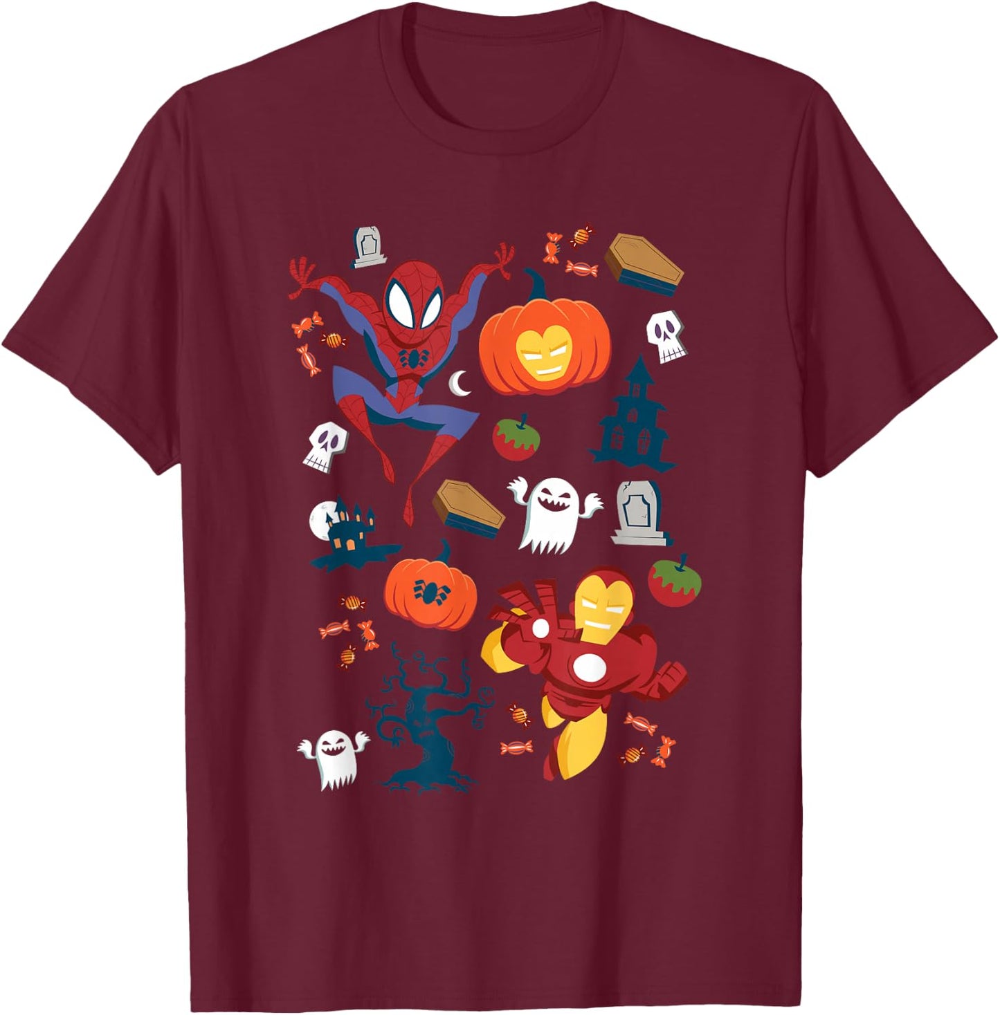 Marvel Iron Man Spider-Man Avengers Stylized Halloween Icons T-Shirt - T-Shirt | Maroon