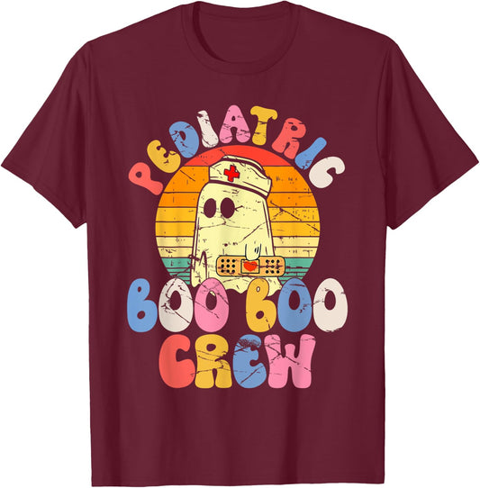 Groovy Ghost Halloween Pediatric RN Nurse Boo Boo Crew T-Shirt - T-Shirt | Maroon