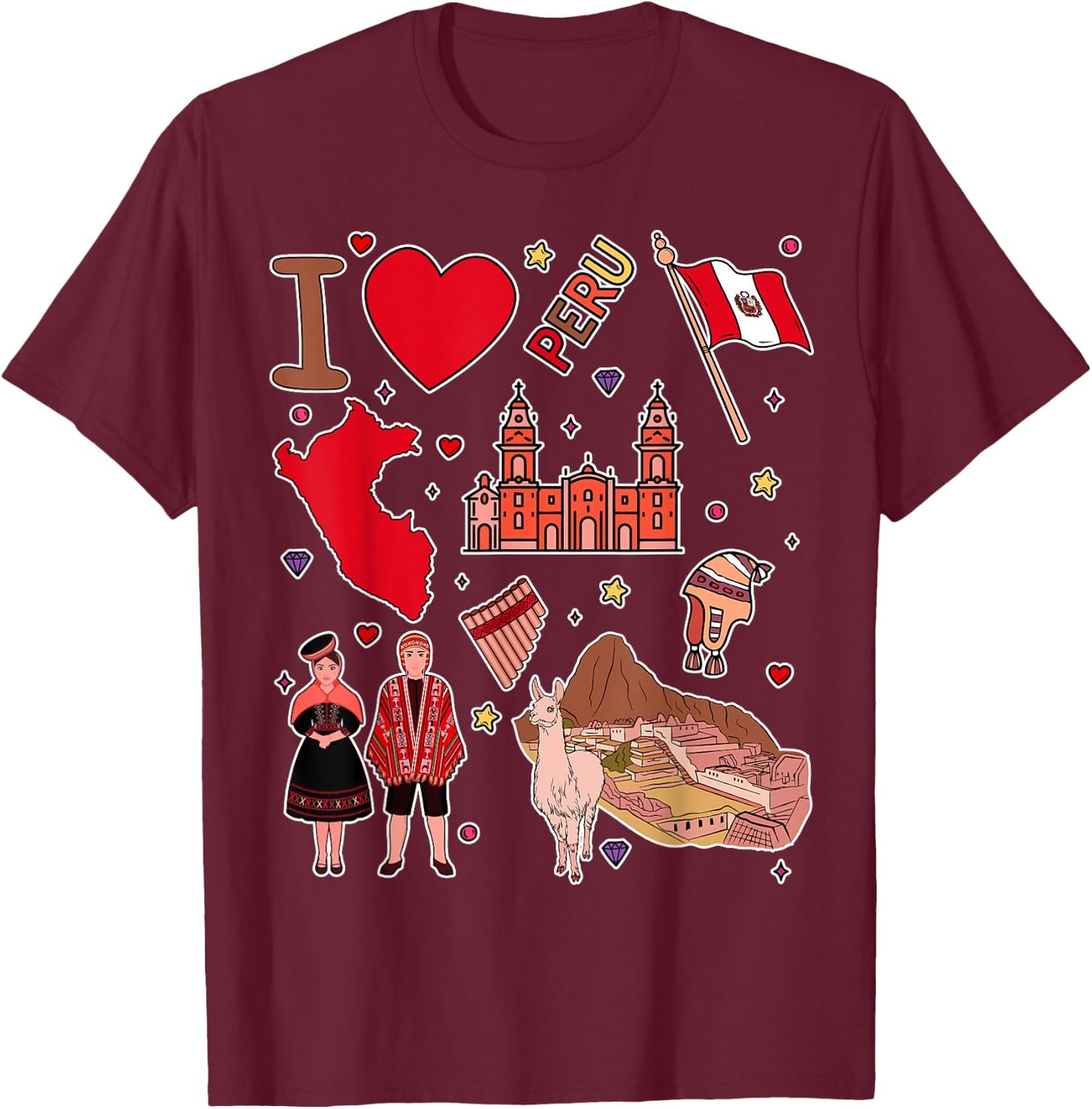 Peruvian hand drawn landmarks, Peru map, Culture icons T-Shirt - T-Shirt | Maroon