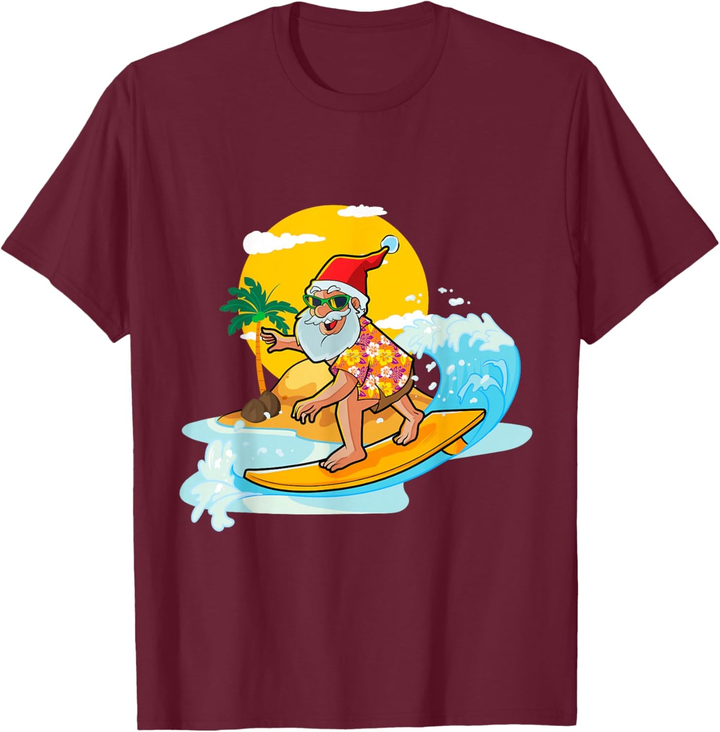 Christmas in July Funny Santa Surfing Summer Aloha Hawaiian T-Shirt - T-Shirt | Maroon