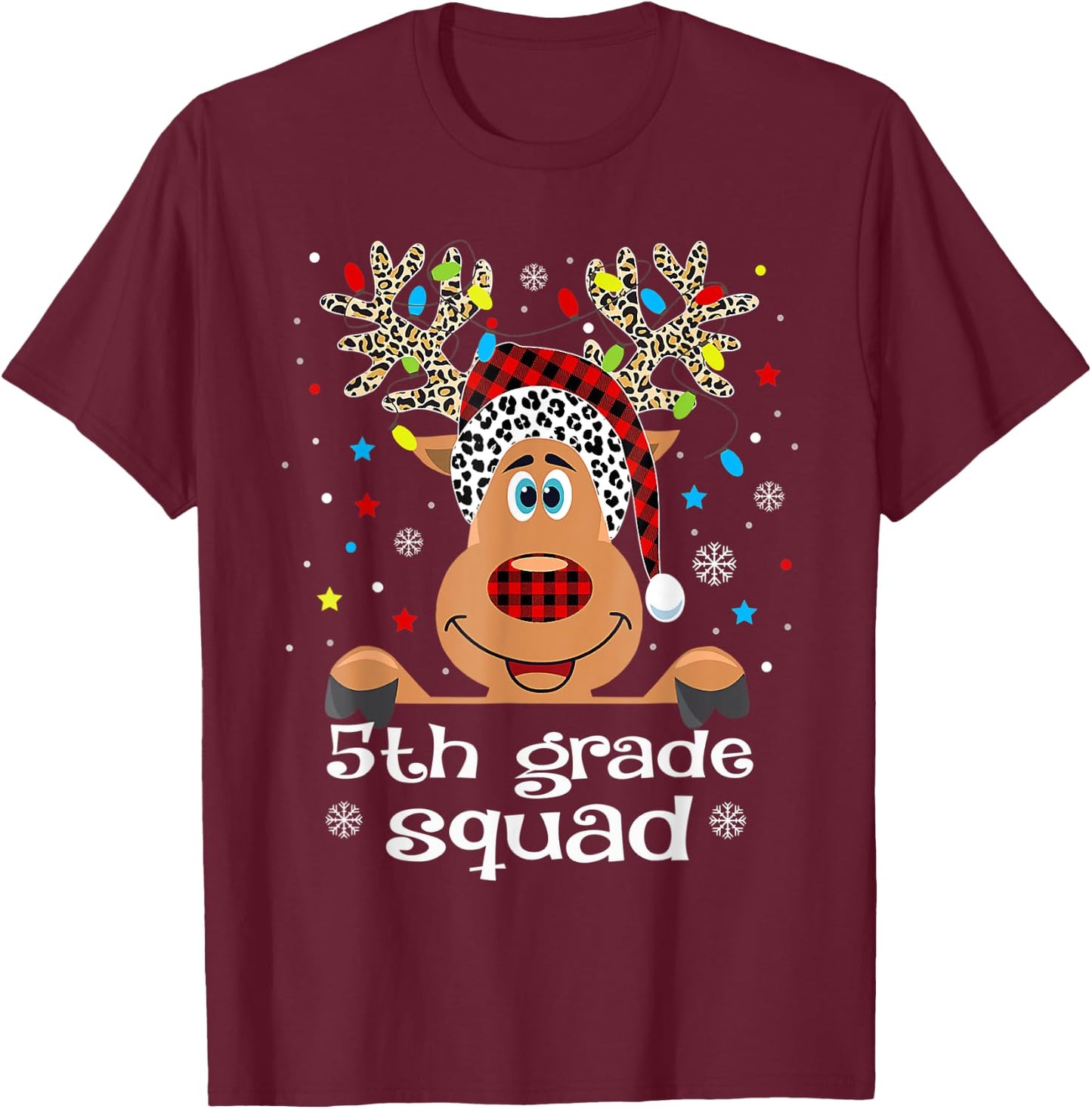 5th Grade Squad Plaid Reindeer Santa Hat Teacher Christmas T-Shirt - T-Shirt | Maroon