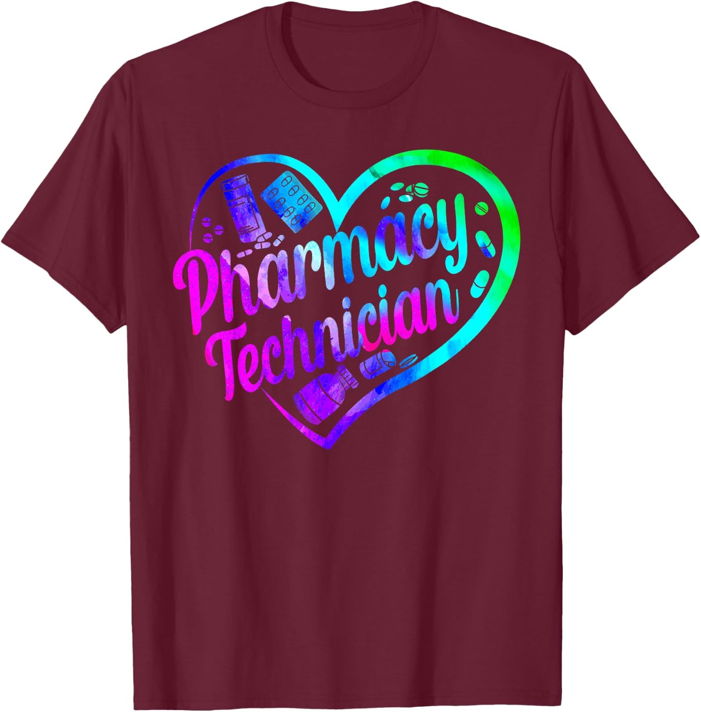 Pharmacy Tech Technician Pharmacist Student Heart Watercolor T-Shirt - T-Shirt | Maroon