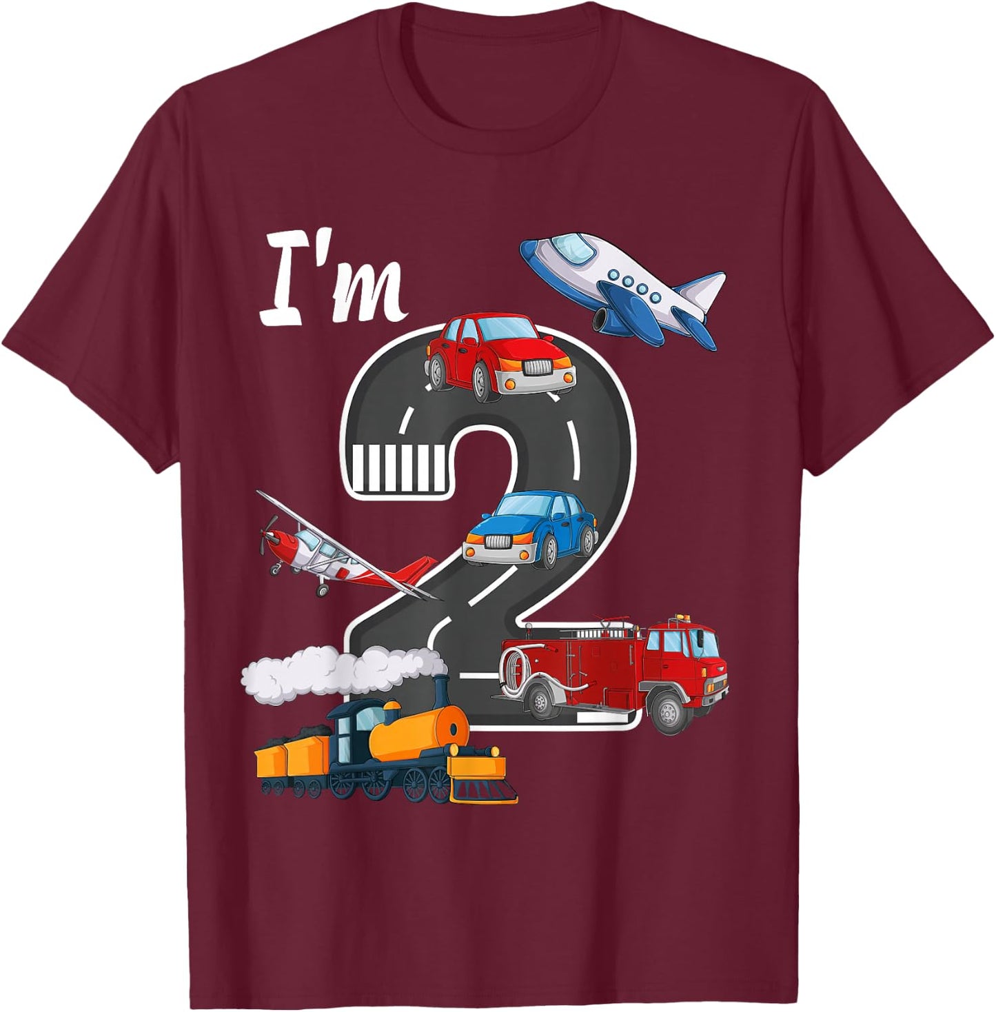 Trains Car Fire Truck Airplane 2nd Birthday Boy 2 Year Old T-Shirt - T-Shirt | Maroon