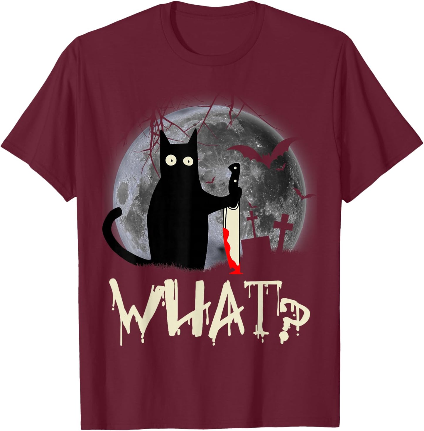 Funny Cat What? Murderous Black Cat With Knife Halloween T-Shirt - T-Shirt | Maroon