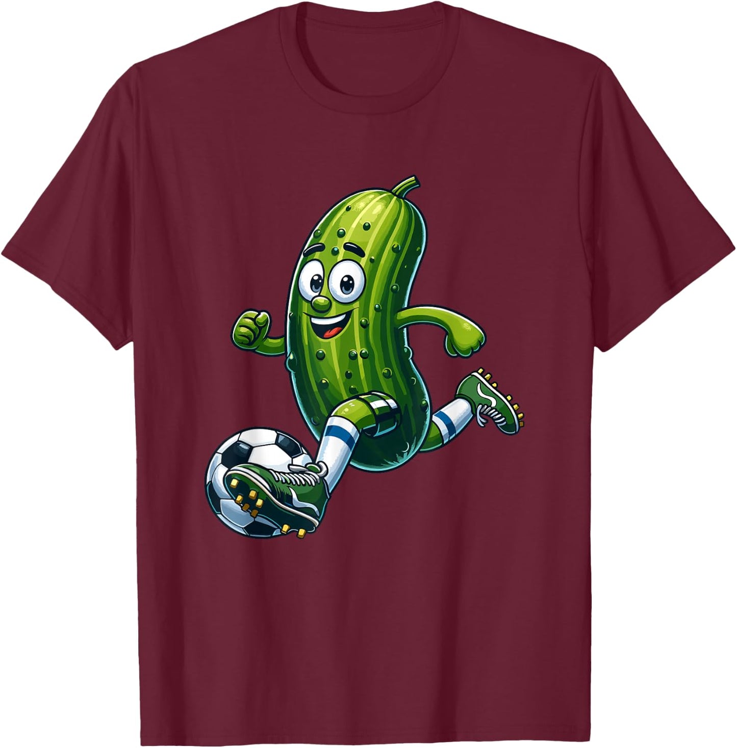 Playful Soccer Pickle - Cartoon Goal Scorer T-Shirt - T-Shirt | Maroon