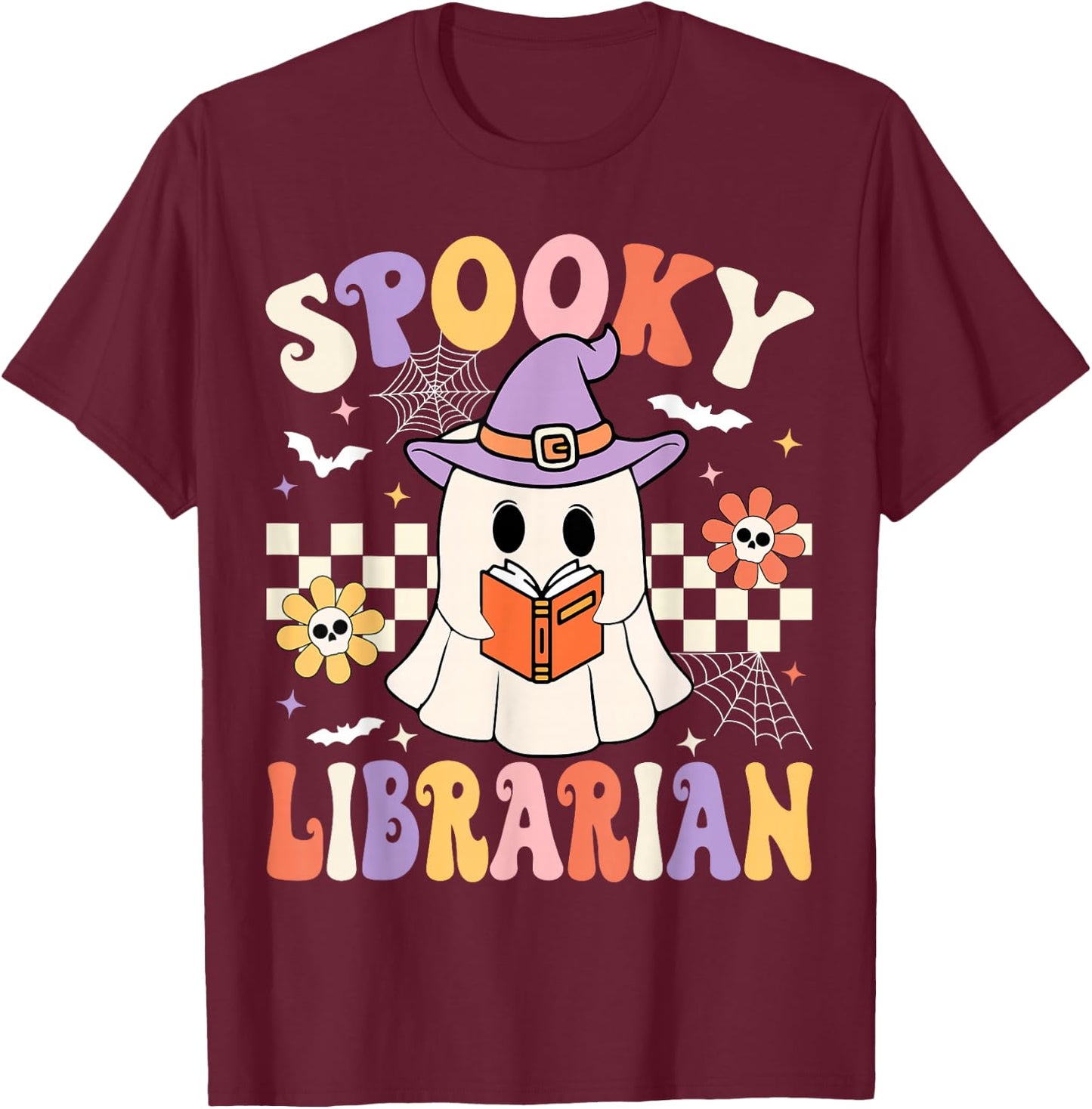 Groovy Spooky Librarian Halloween Library ghost Librarian T-Shirt - T-Shirt | Maroon
