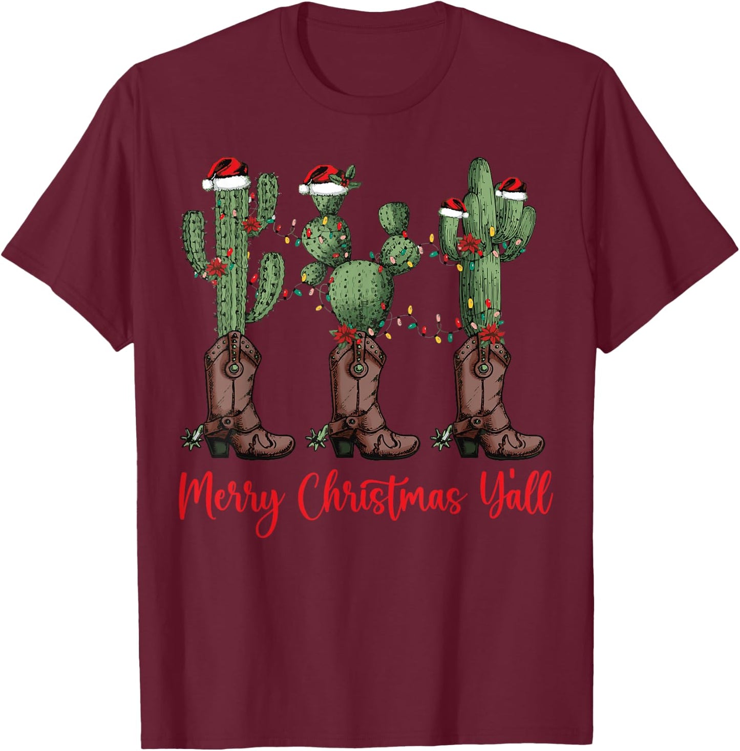 Merry Christmas Y'all Western Country Cowboy Boots Holiday T-Shirt - T-Shirt | Maroon