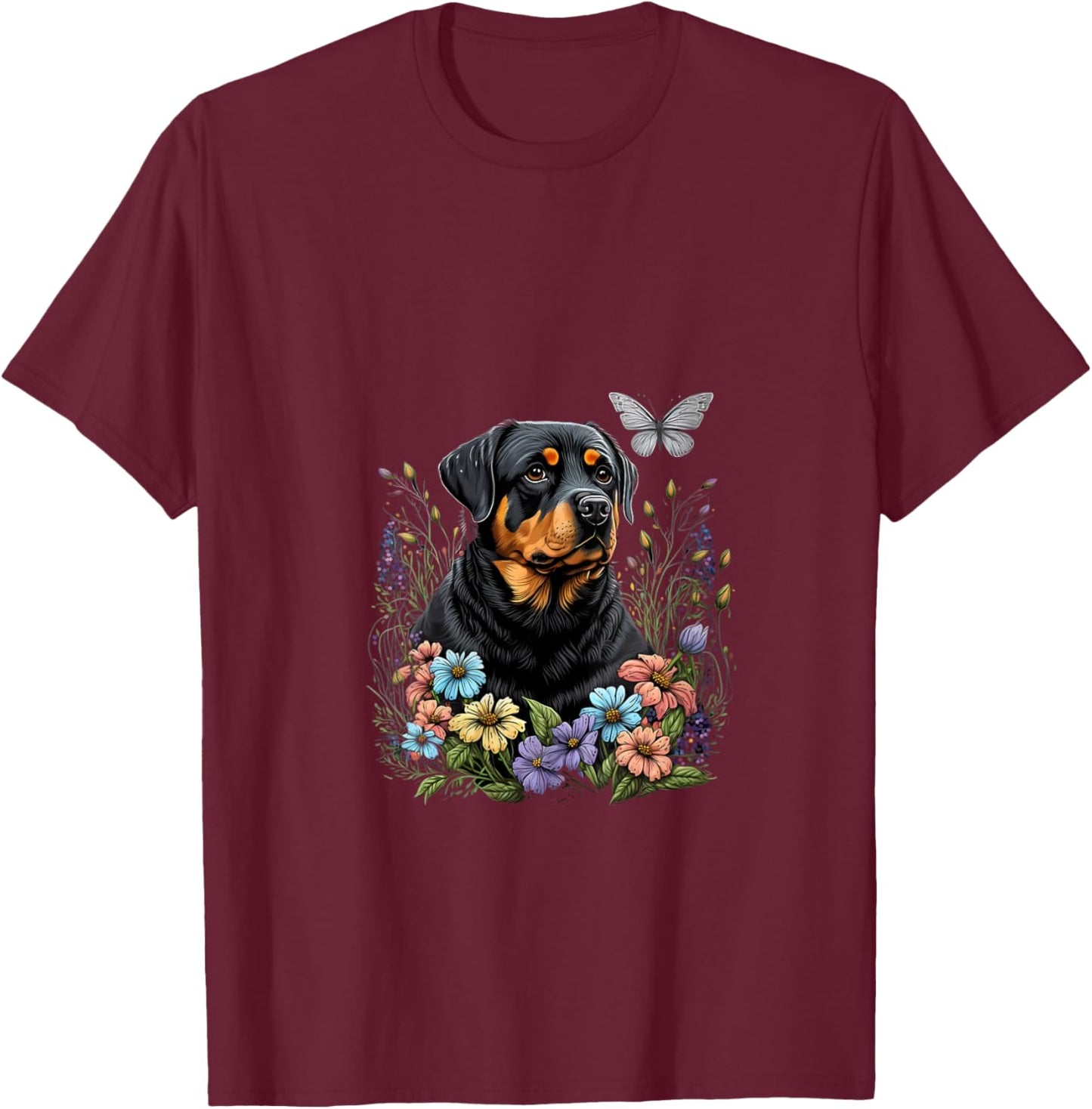 Women's Rottweiler and Butterfly in the Spring Garden Floral Black V-Neck T-Shirt - T-Shirt | Maroon