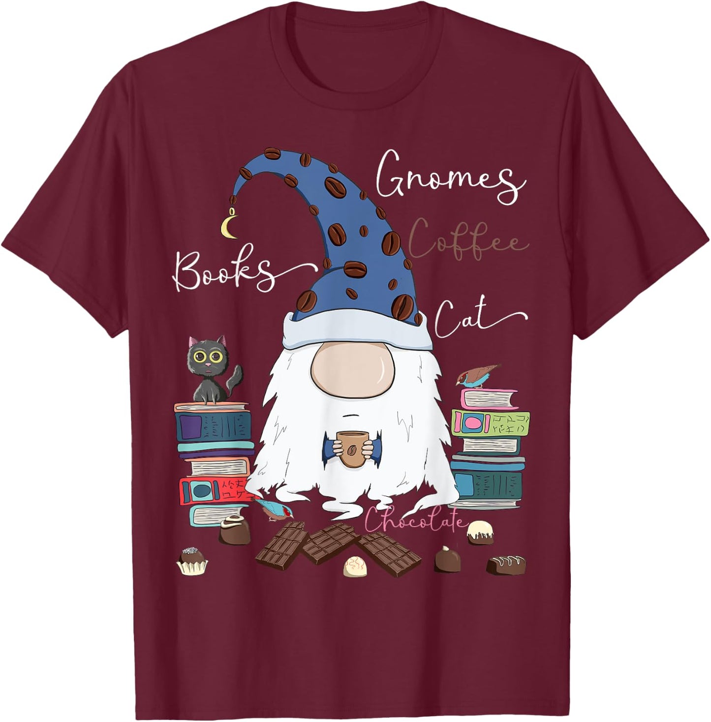 Gnomes Coffee Books Cat Chocolate Funny Gnome & Coffee Lover Men Women Girls Kids T-Shirt - T-Shirt | Maroon