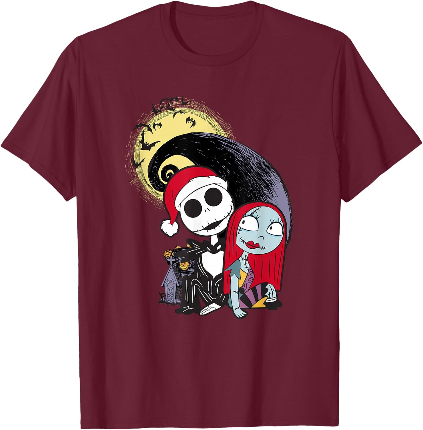 Disney The Nightmare Before Christmas Jack & Sally Santa Hat T-Shirt - T-Shirt | Maroon