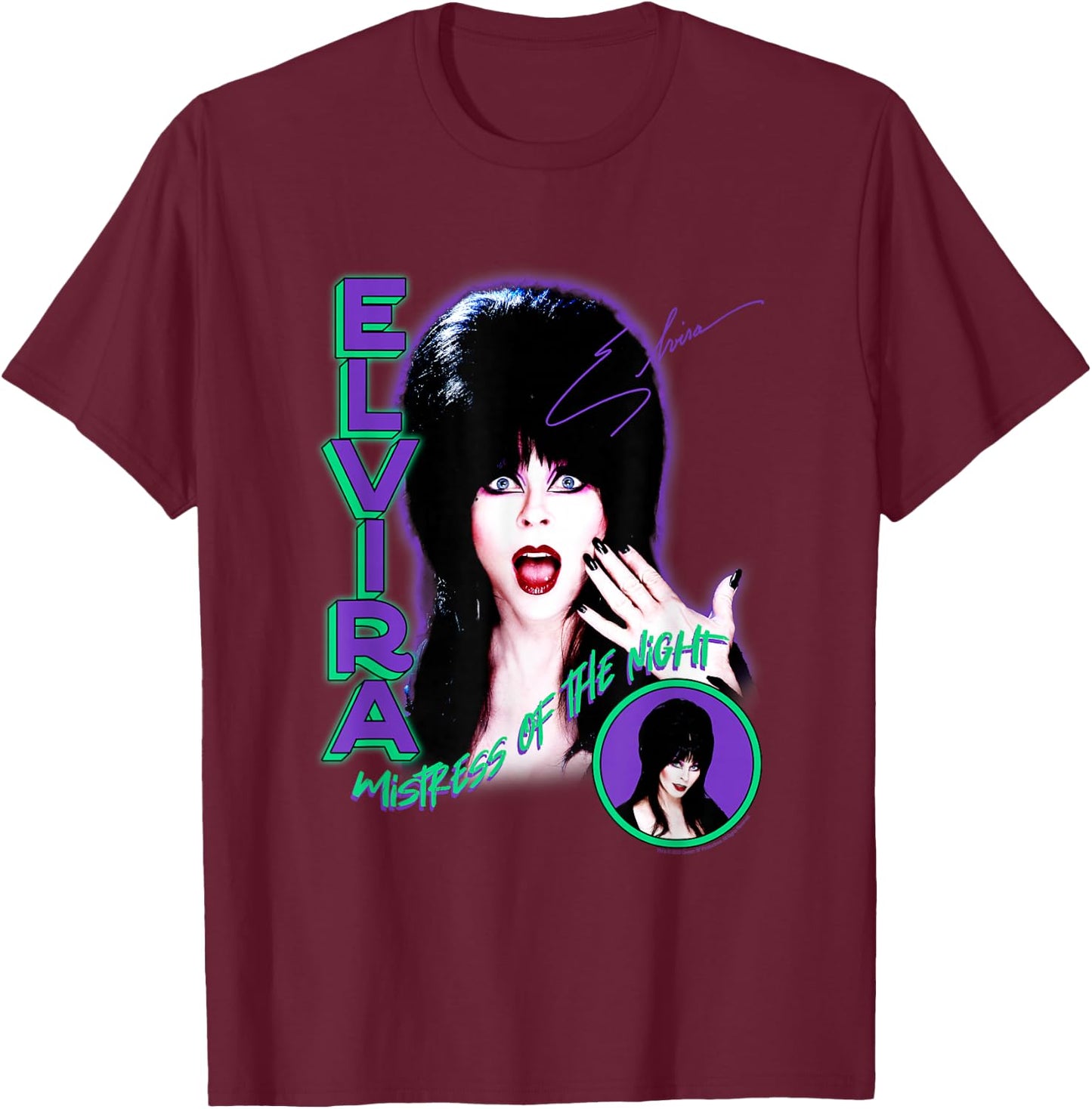 Elvira, Mistress of The Dark Purple and Green Horror T-Shirt - T-Shirt | Maroon