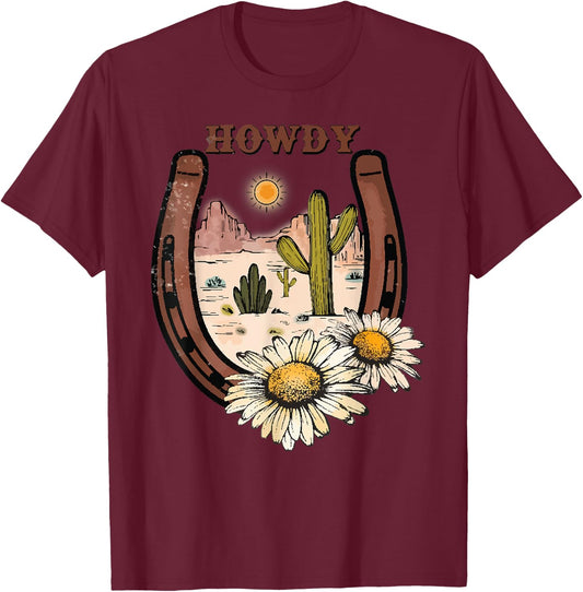 Vintage White Howdy Rodeo Western Country Southern Cowgirl T-Shirt - T-Shirt | Maroon