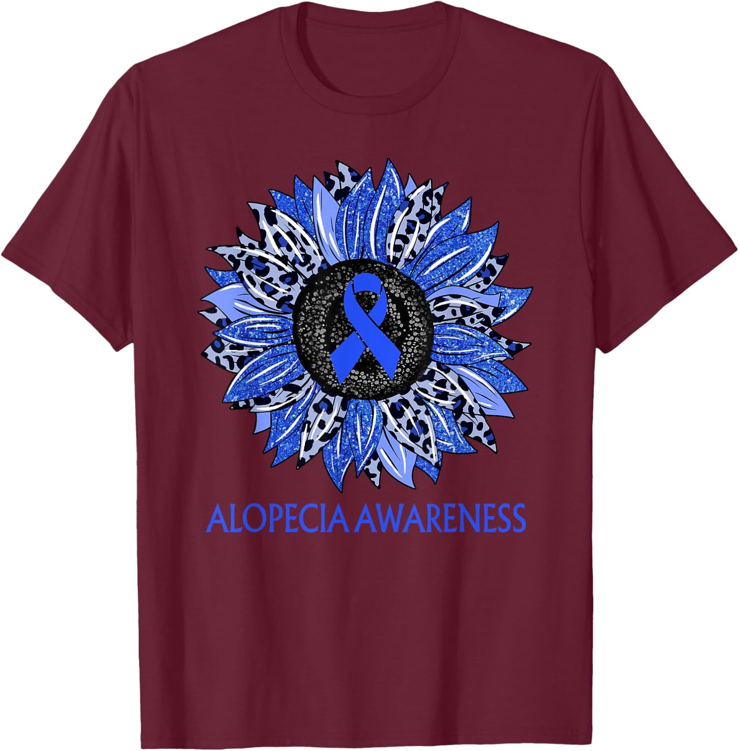Leopard Sunflower Alopecia Awareness Blue Ribbon Support T-Shirt - T-Shirt | Maroon