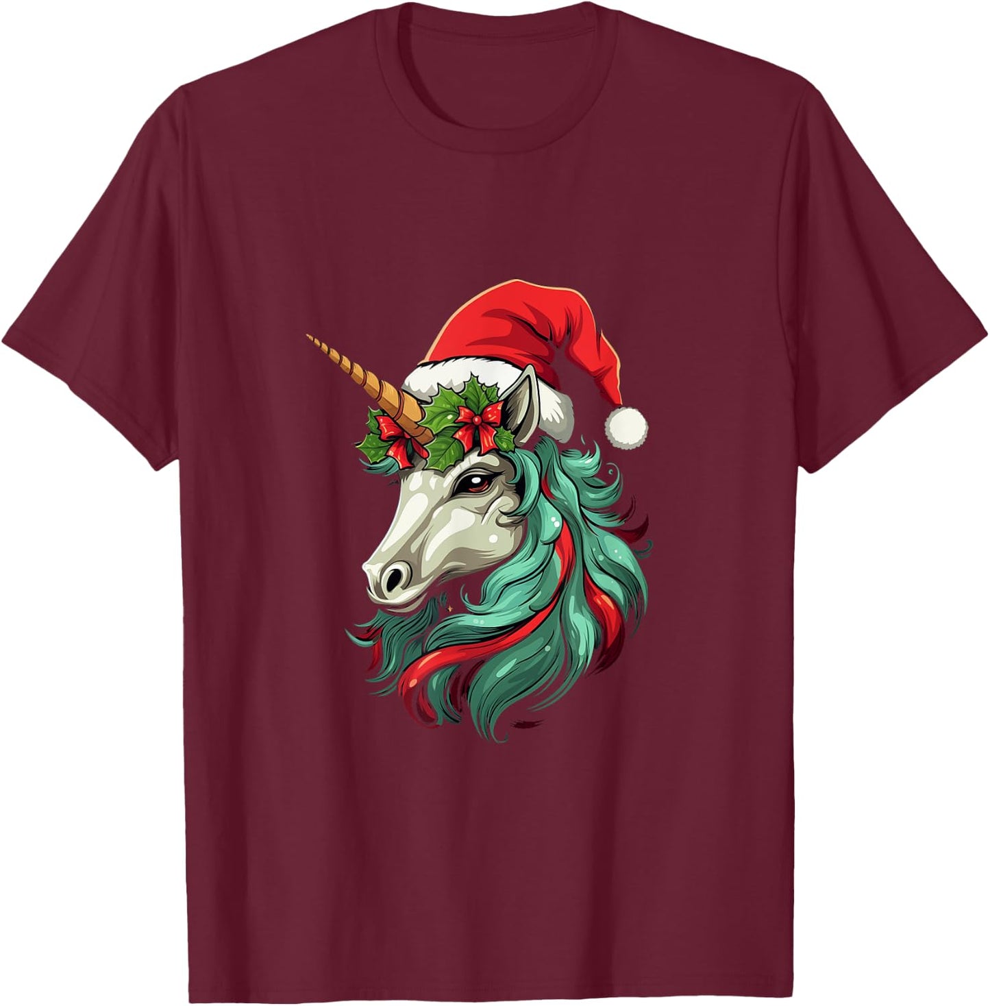 Santa Hat Unicorn, Christmas T-Shirt - T-Shirt | Maroon