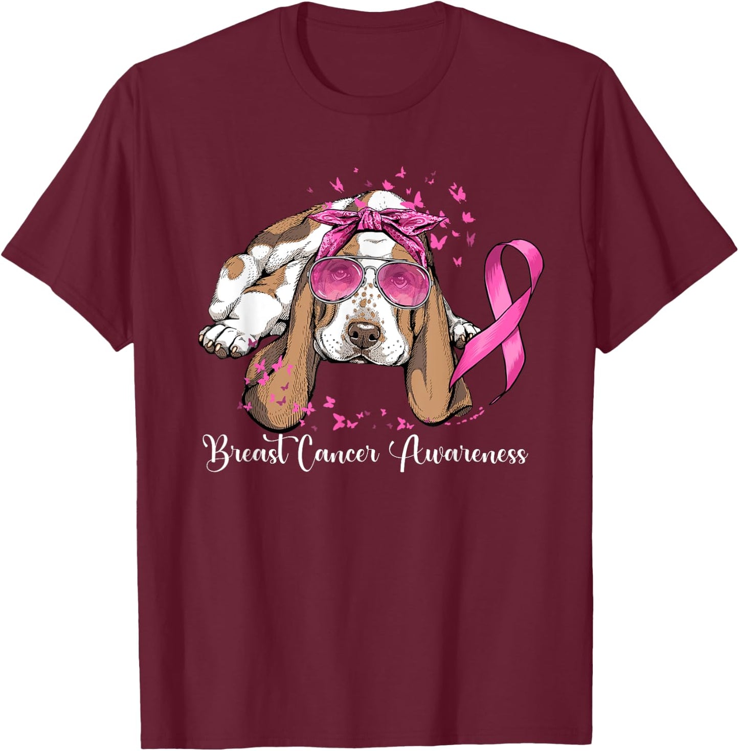 Basset Hound Dog Lover Pink Ribbon Breast Cancer Awareness Men Women T-Shirt - T-Shirt | Maroon
