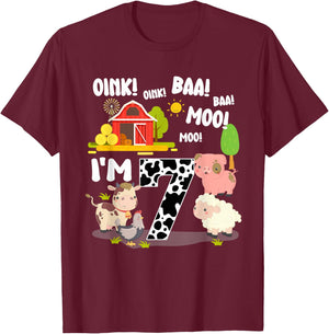 I'm 7 Year Old Farm Animals Birthday 7th Party T-Shirt - T-Shirt | Maroon