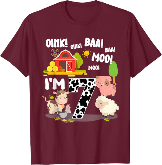 I'm 7 Year Old Farm Animals Birthday 7th Party T-Shirt - T-Shirt | Maroon