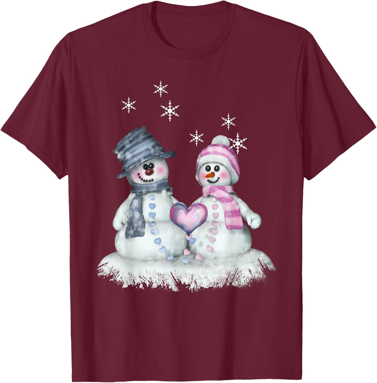 Snowman & Snowwoman with Heart Winter Motif T-Shirt - T-Shirt | Maroon