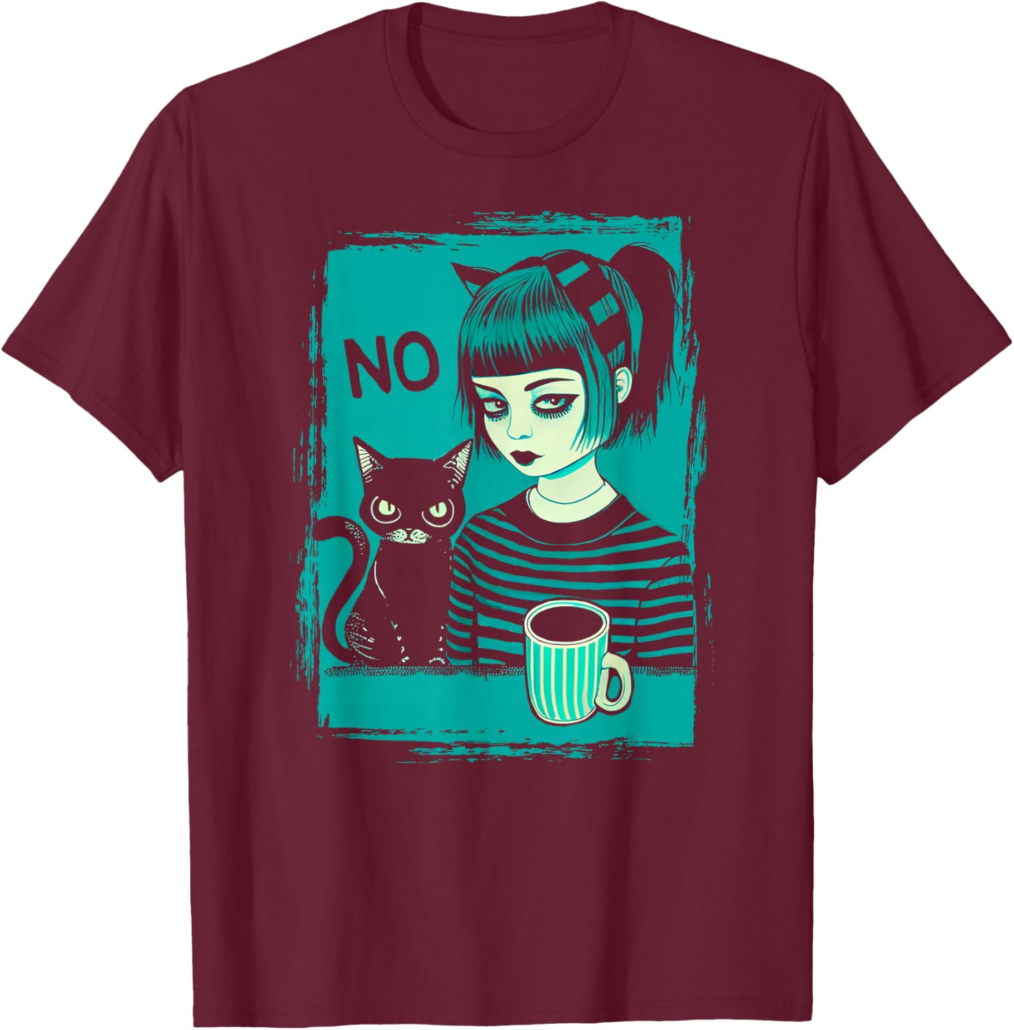 Dark At Heart Punk Goth Girl Says No With Cat And Coffee T-Shirt - T-Shirt | Maroon