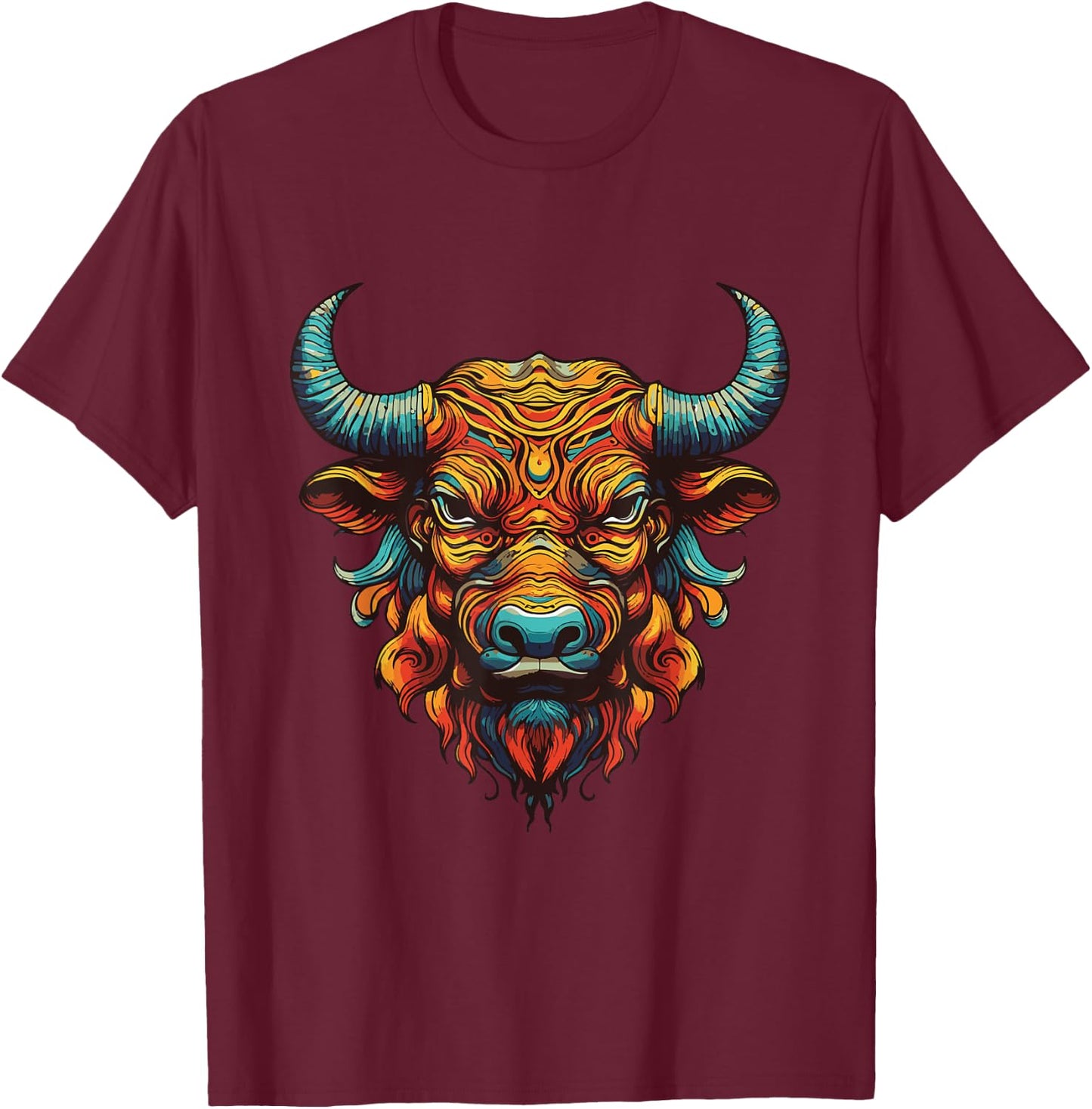 Bull Portrait Taurus | Animal Colorful Gym T-Shirt - T-Shirt | Maroon