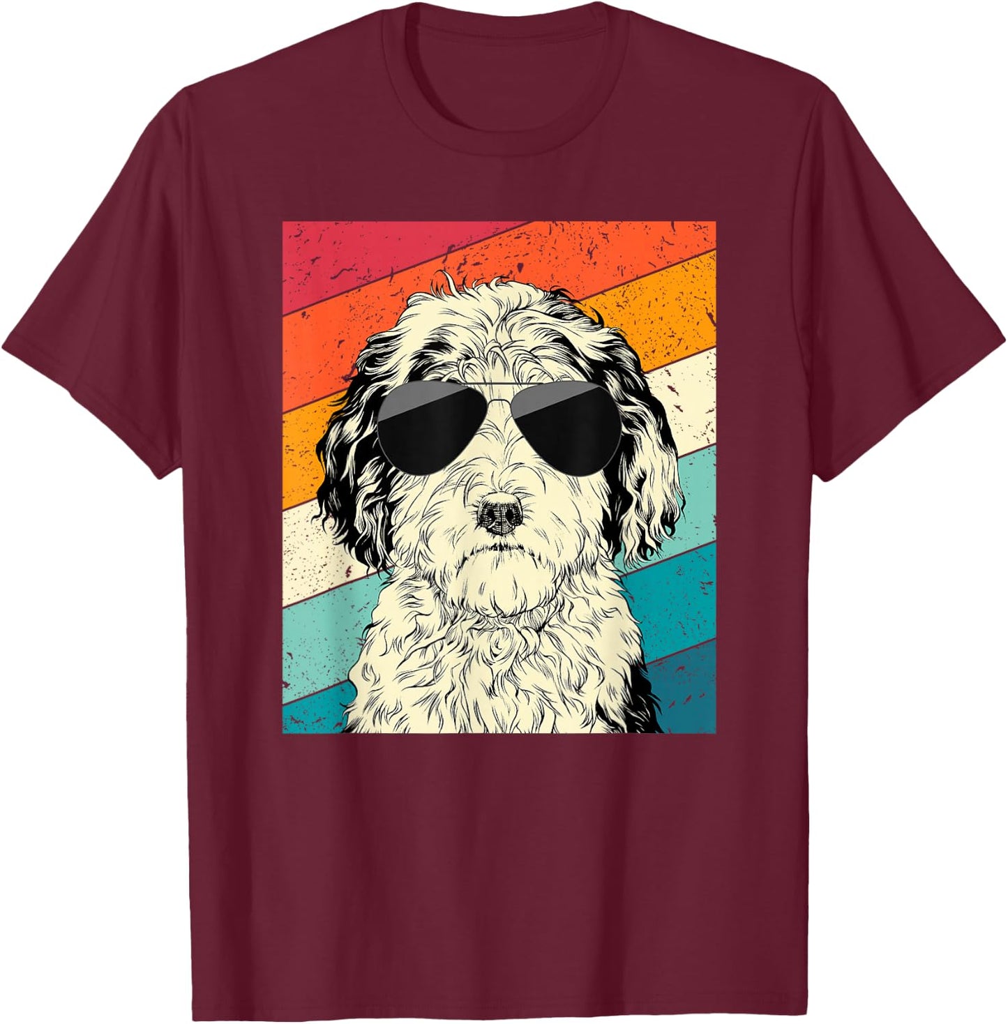 Retro Vintage Sheepadoodle with Sunglasses Doodle Dog Lovers T-Shirt - T-Shirt | Maroon