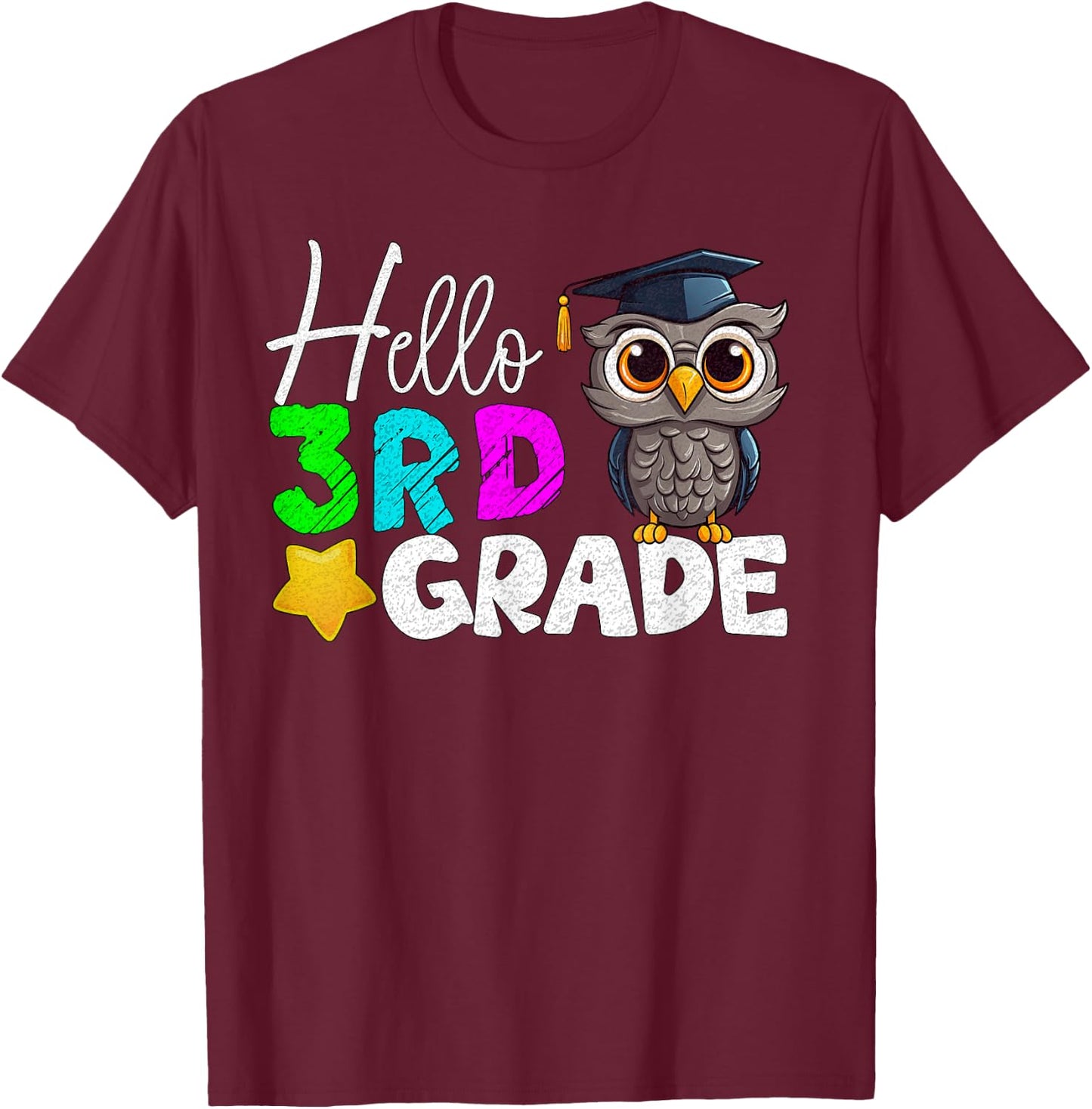 Hello 3rd Grade Third Grade Owl Back to School Kid Teacher T-Shirt - T-Shirt | Maroon