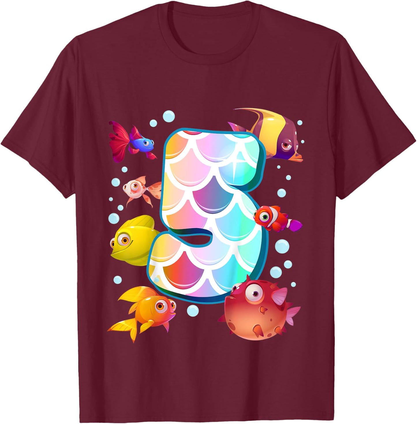 Kids 5th Birthday Rainbow Fish Tetra Popper Fish T-Shirt - T-Shirt | Maroon