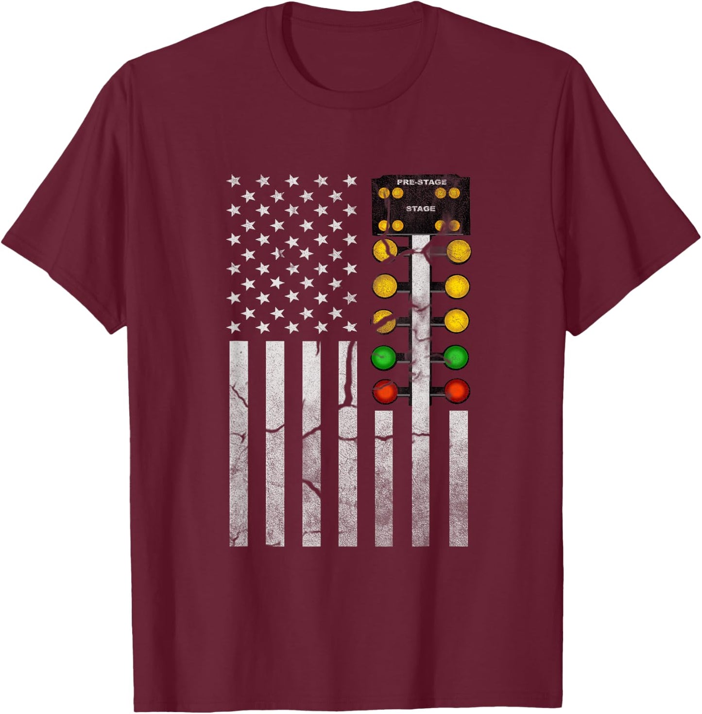 Drag Racing Flag American Drag Racer Drag Strip Tree Light T-Shirt - T-Shirt | Maroon