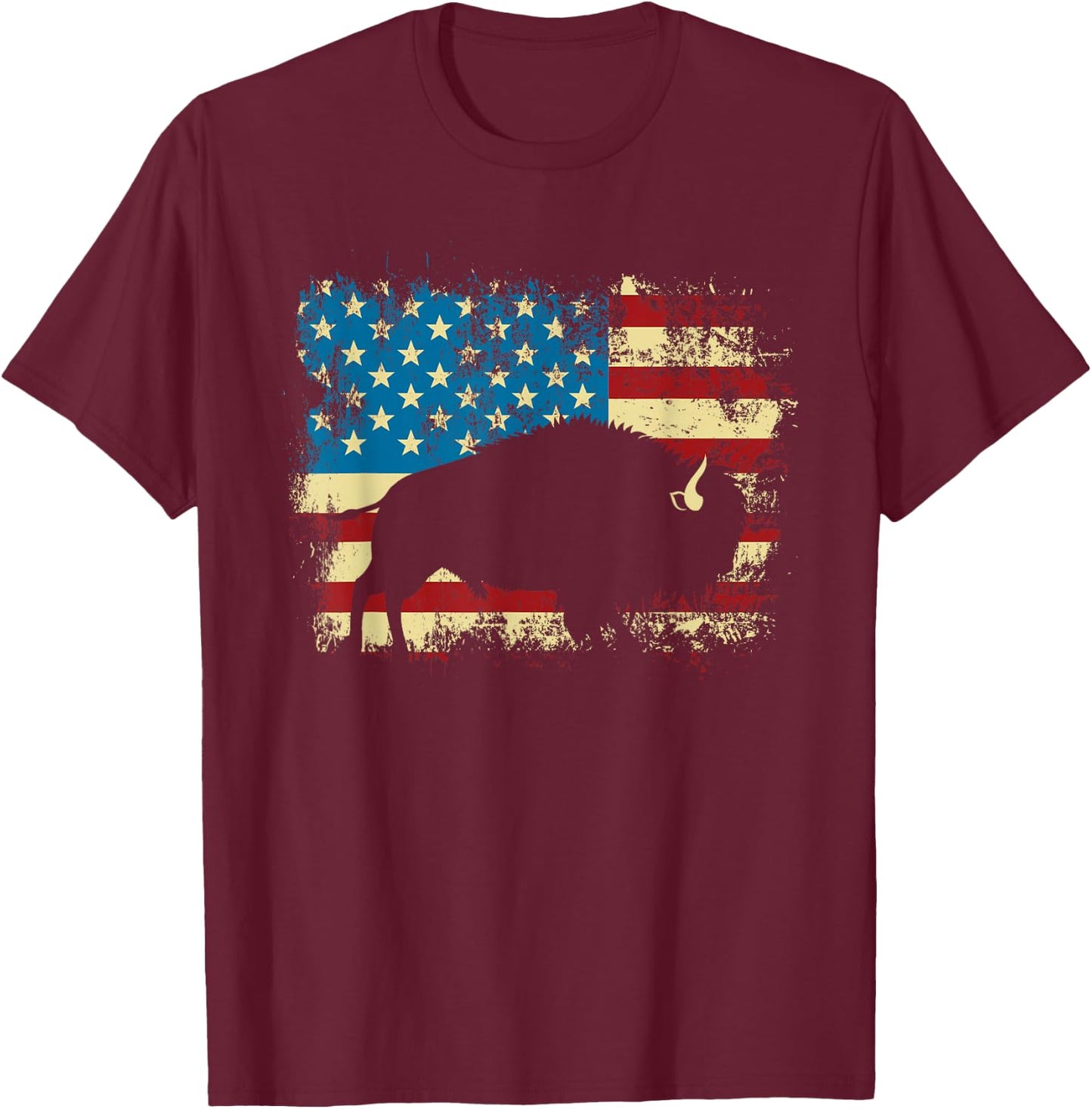 Patriotic American Bison Buffalo Lover Wildlife USA Flag T-Shirt - T-Shirt | Maroon