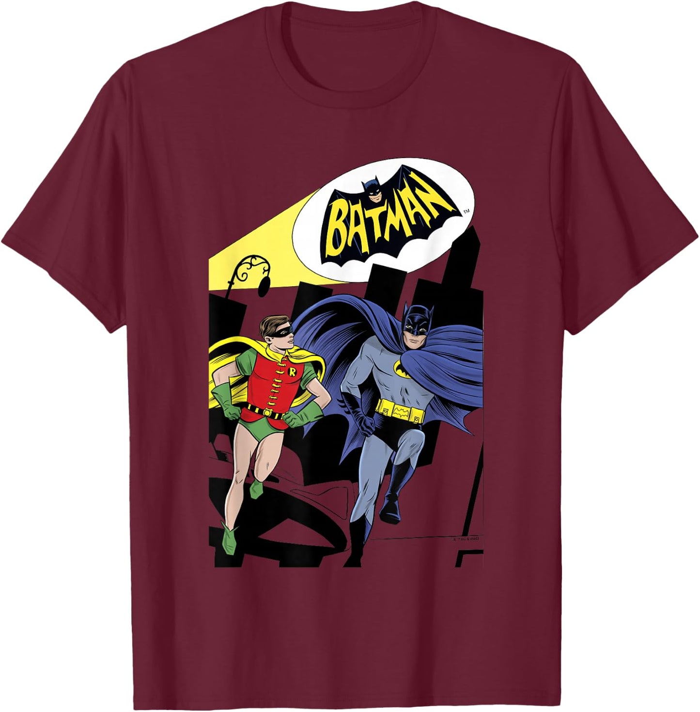 Batman Vintage Classic Batman & Robin Comic Spotlight Heroes T-Shirt - T-Shirt | Maroon