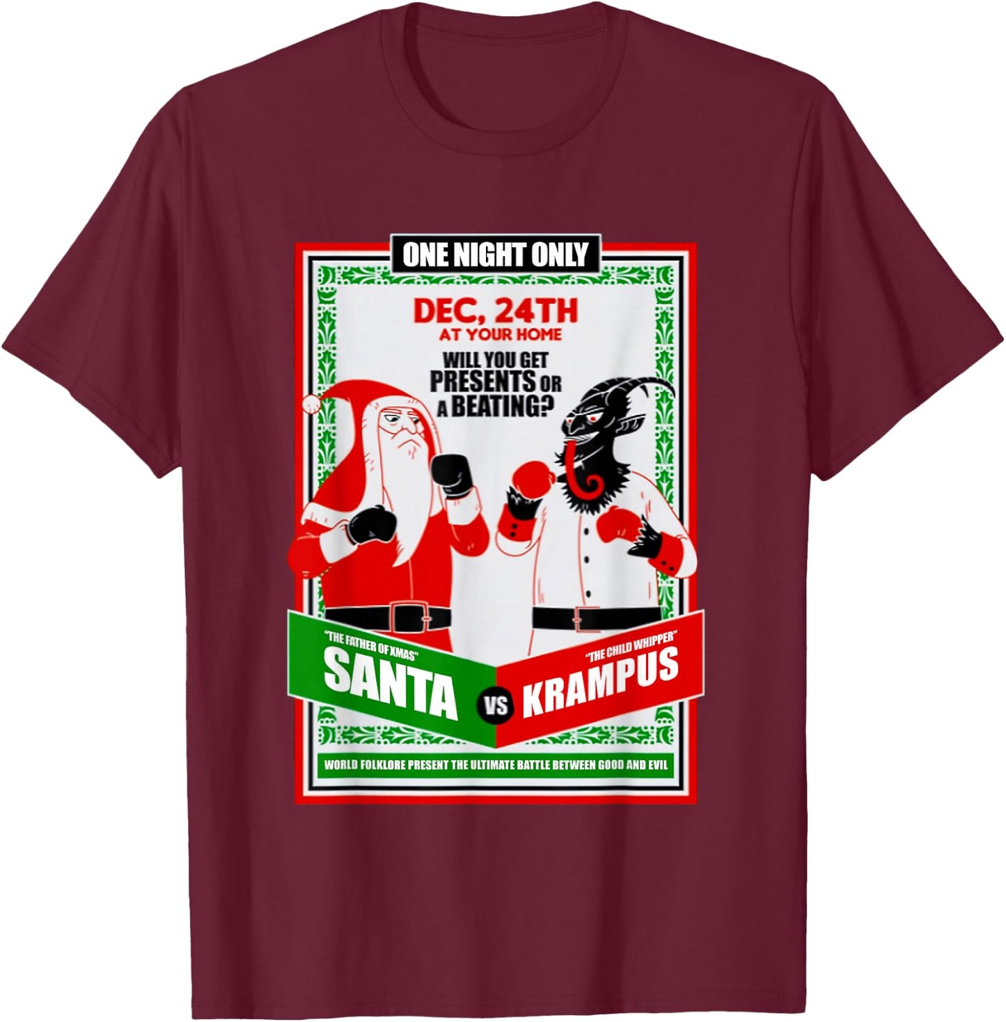 Funny Battle for Christmas Retro Santa VS Krampus Xmas Humor T-Shirt - T-Shirt | Maroon