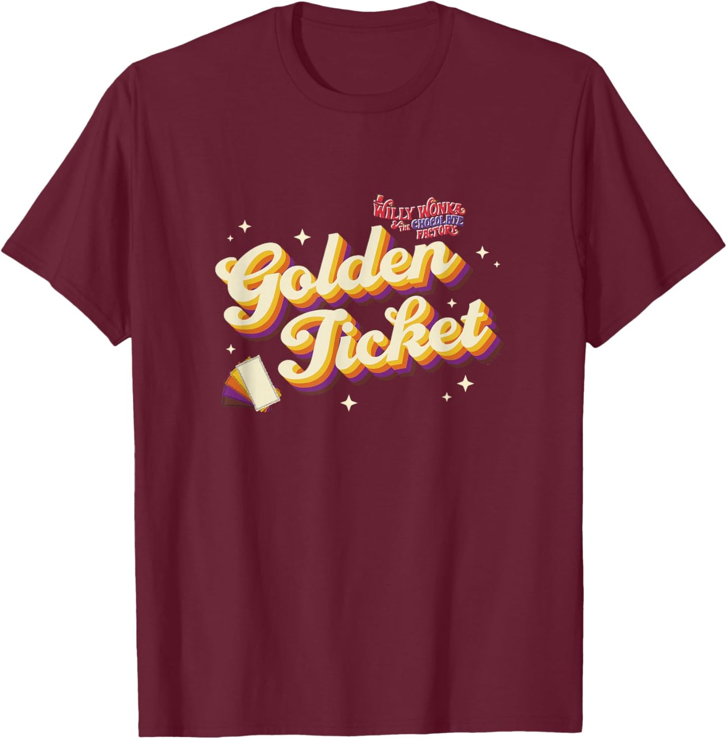 Willy Wonka & The Chocolate Factory Golden Ticket Retro Logo T-Shirt - T-Shirt | Maroon