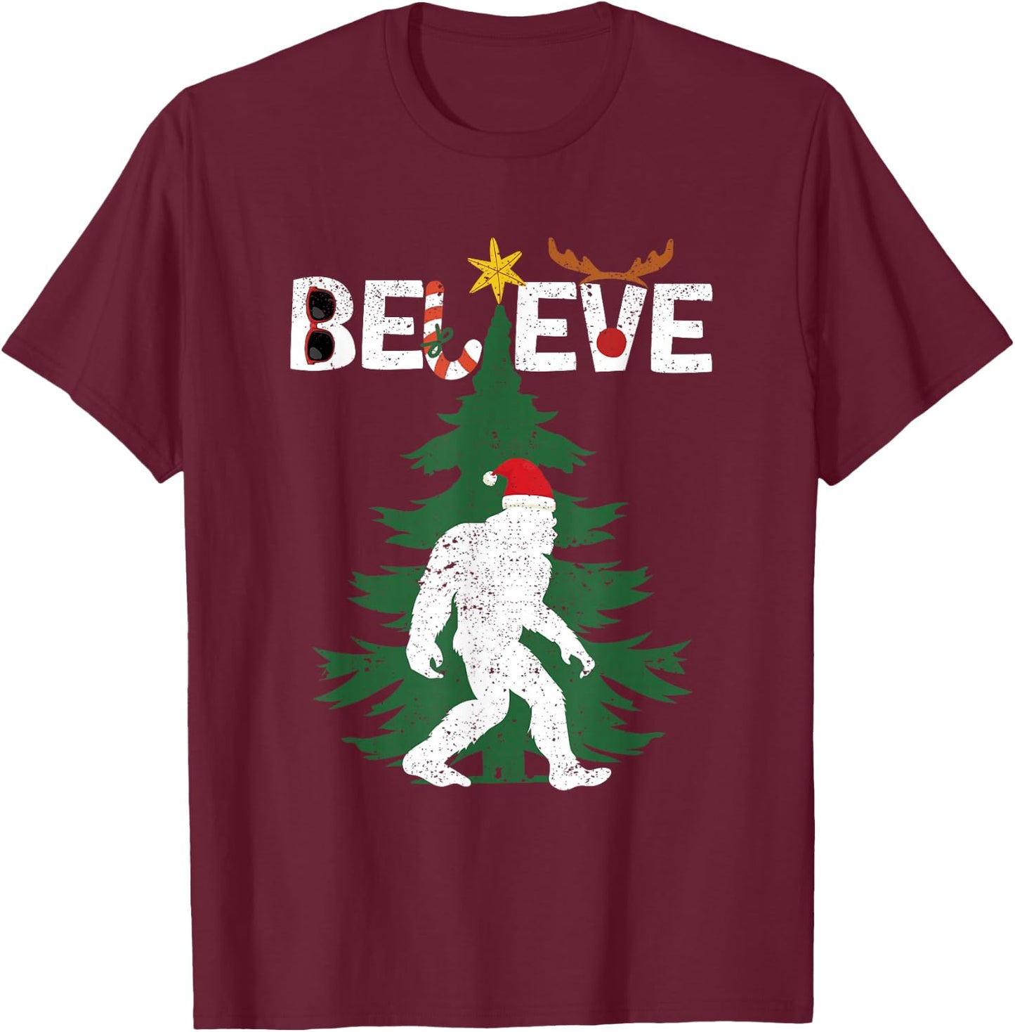 Believe Bigfoot Sasquatch Yeti Santa Hat Christmas Pajamas T-Shirt - T-Shirt | Maroon
