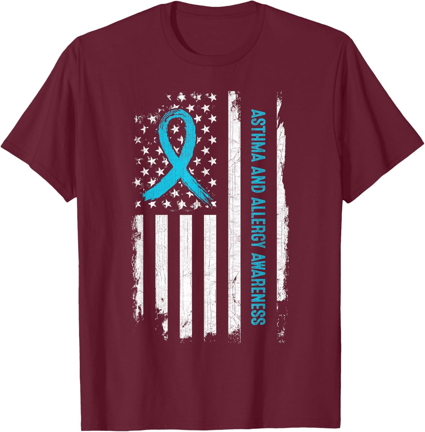 Asthma and Allergy Awareness American Flag Light Blue Ribbon Men T-Shirt - T-Shirt | Maroon