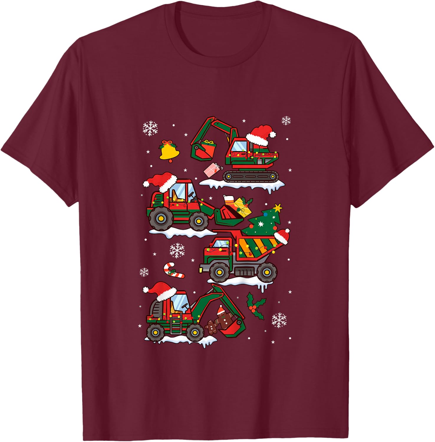 Kids Construction Excavator Christmas Tree for Boys Girls Toddler T-Shirt - T-Shirt | Maroon