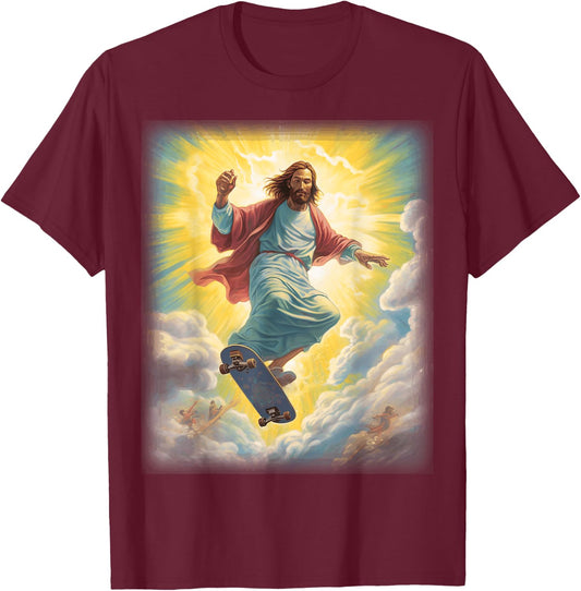 Halleluja and Gifts Jesus Skateboarder Heaven Skateboard Christian -Adults Black Short Sleeve T-Shirt - T-Shirt | Maroon