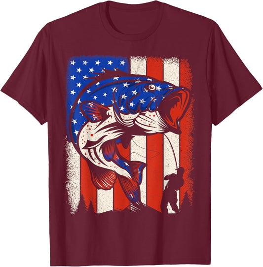 Men Bass Fishing American Flag Patriotic 4th of July Fishing T-Shirt - T-Shirt | Maroon