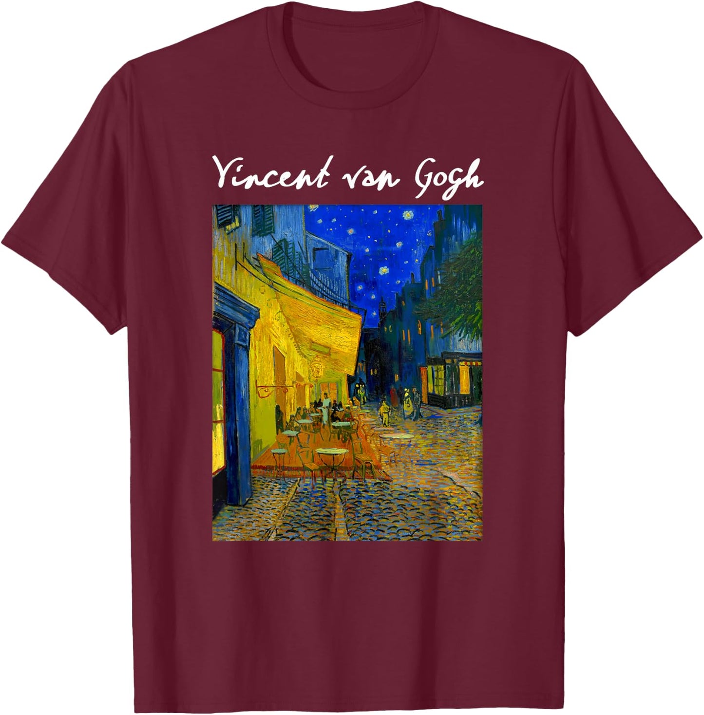Famous Artist Cafe Terrace at Night Van Gogh Art Painting T-Shirt - T-Shirt | Maroon