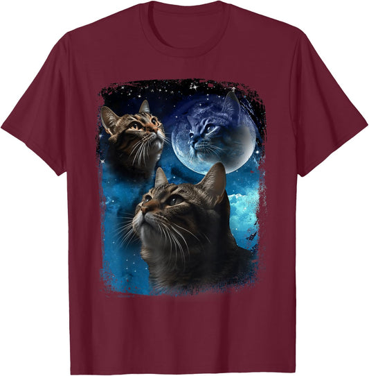 Cats Howl at Moon Funny Vintage Three Cat Howling Wolf Meme T-Shirt - T-Shirt | Maroon