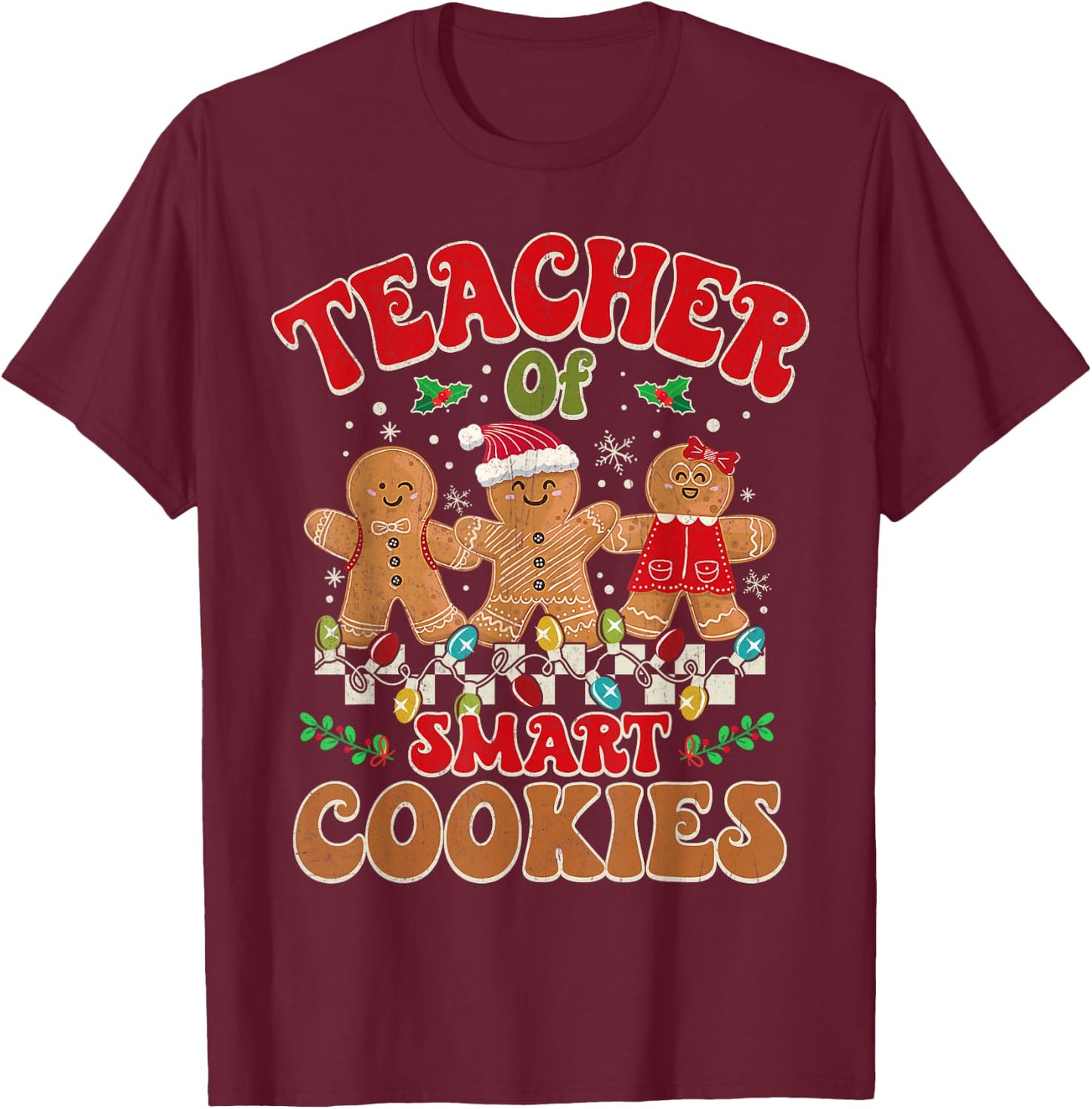 Groovy Retro Christmas Teacher Cute Gingerbread Cookies T-Shirt - T-Shirt | Maroon