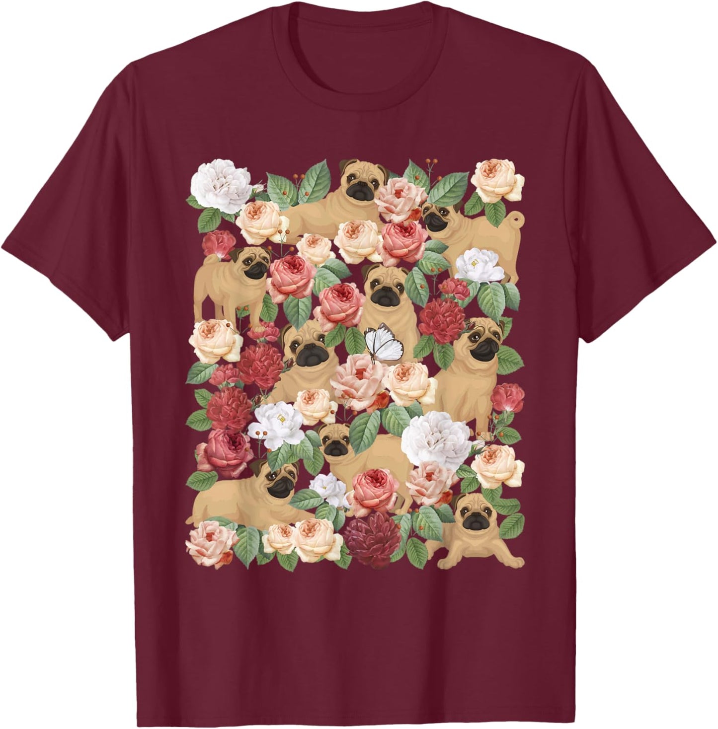 Botanical Black Pug Garden - Floral Dog Owner Pet Lover T-Shirt - T-Shirt | Maroon
