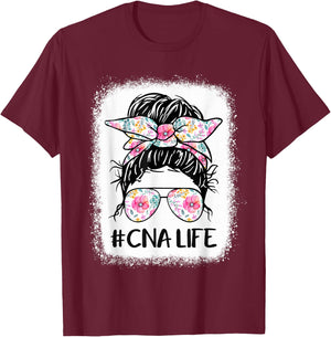 CNA Life Bleached Shirts Flower Messy Bun CnaLife T-Shirt - T-Shirt | Maroon