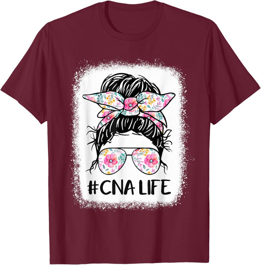 CNA Life Bleached Shirts Flower Messy Bun CnaLife T-Shirt - T-Shirt | Maroon