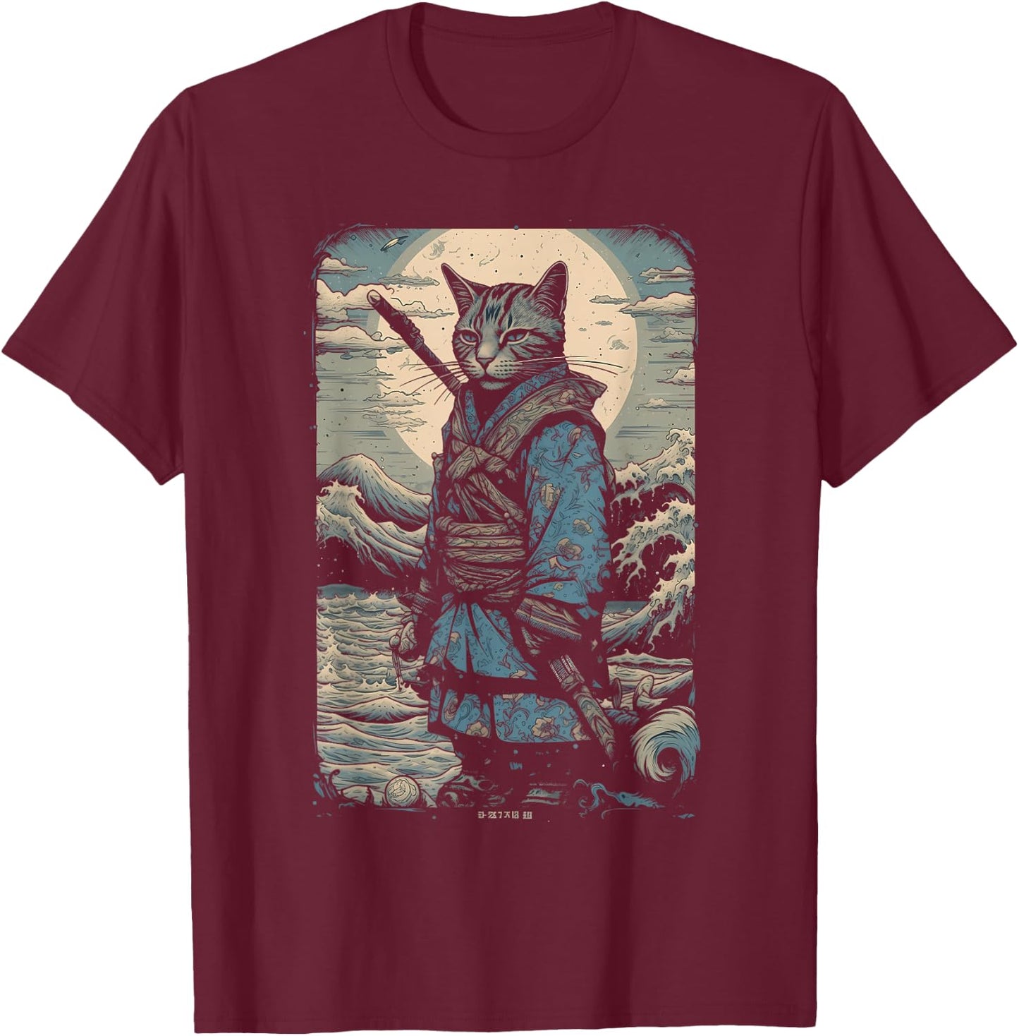 Vintage Samurai Cat Japanese Ninja Art Japan Anime Graphic Women Kids T-Shirt - T-Shirt | Maroon