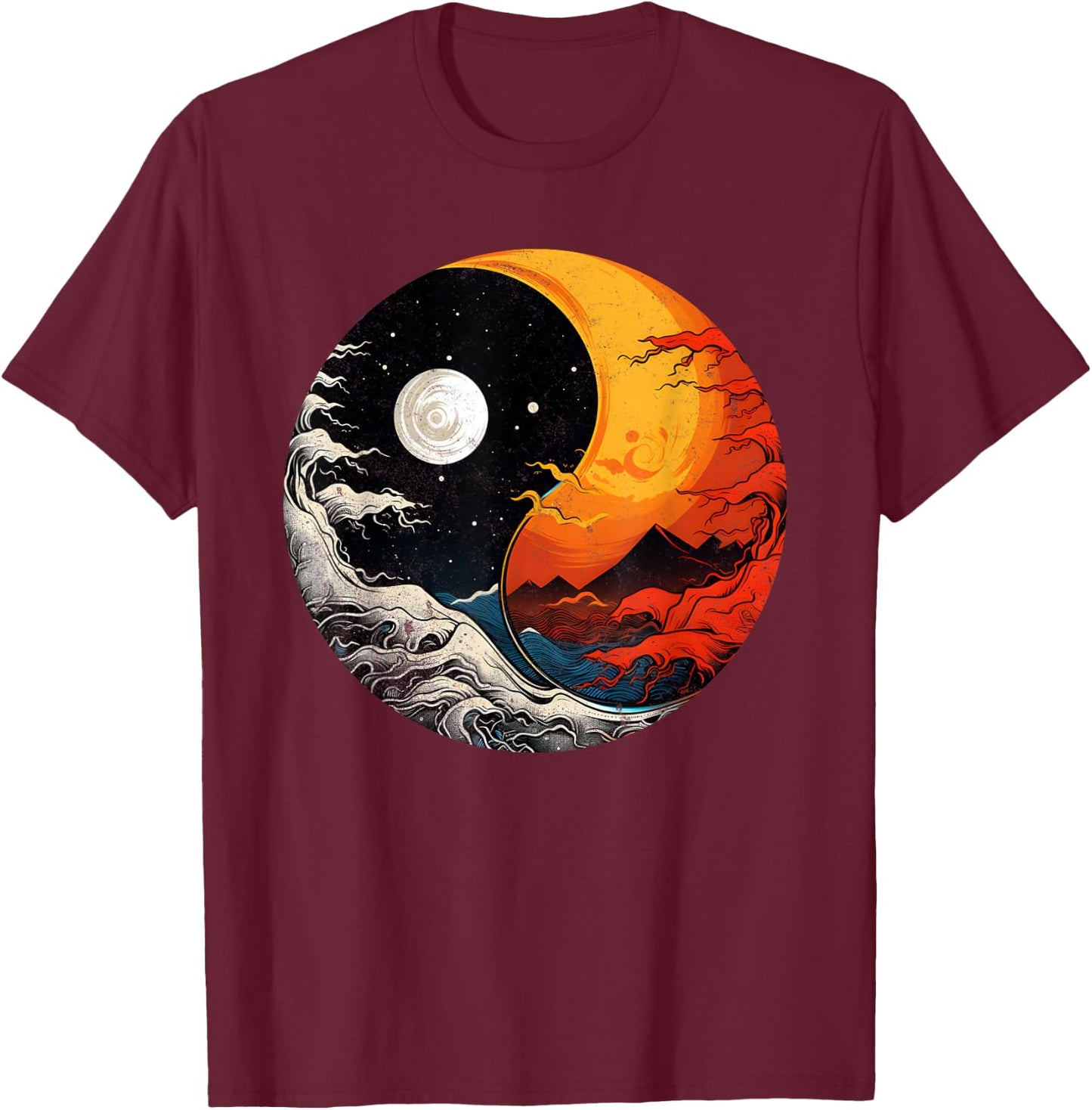 Ying Yang Energy Meditation Watercolor Tai Chi Day & Night T-Shirt - T-Shirt | Maroon