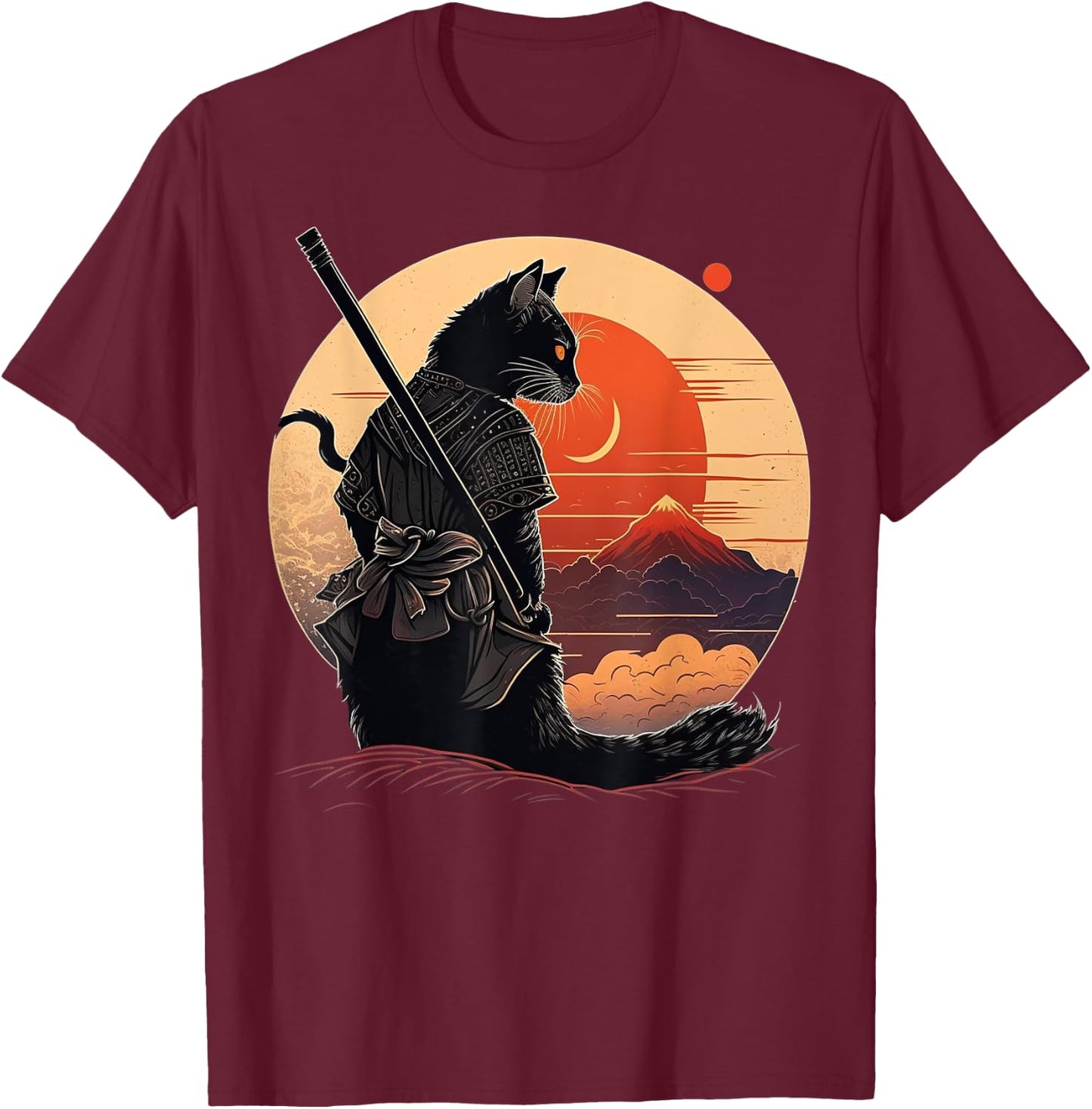 Vintage Japanese Sunset Style and samurai cat Kitten Lover Men Women Kids T-Shirt - T-Shirt | Maroon